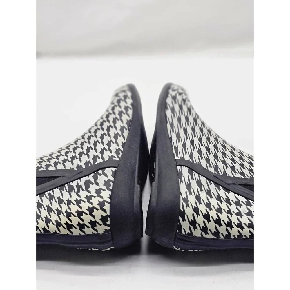 London Fog Piccadilly Rain Boots/Booties Women 8M Black White Houndstooth HKF003